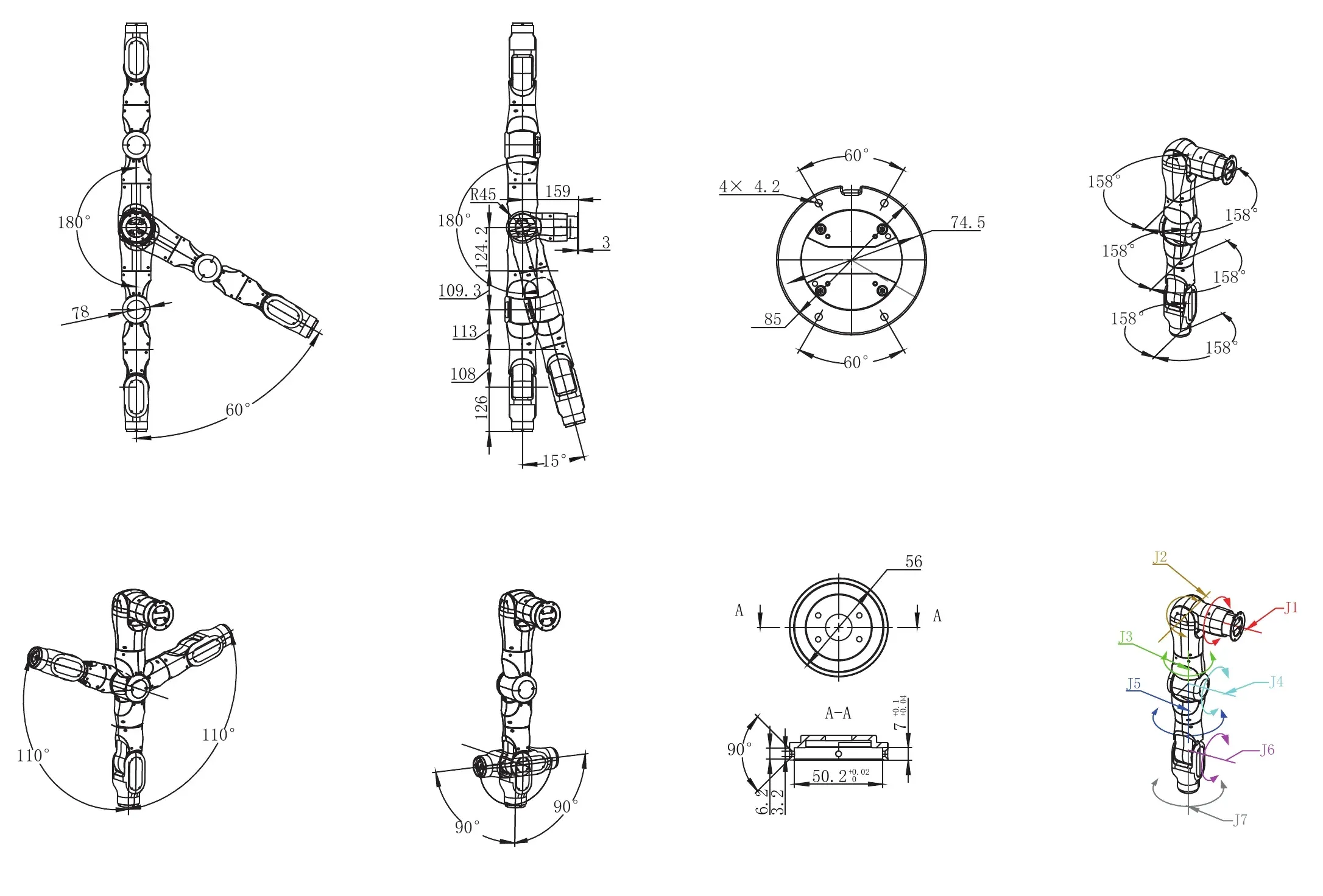 Atlas A7 dimensions and range of motion, with the brochure's dimensions, angles and tolerances